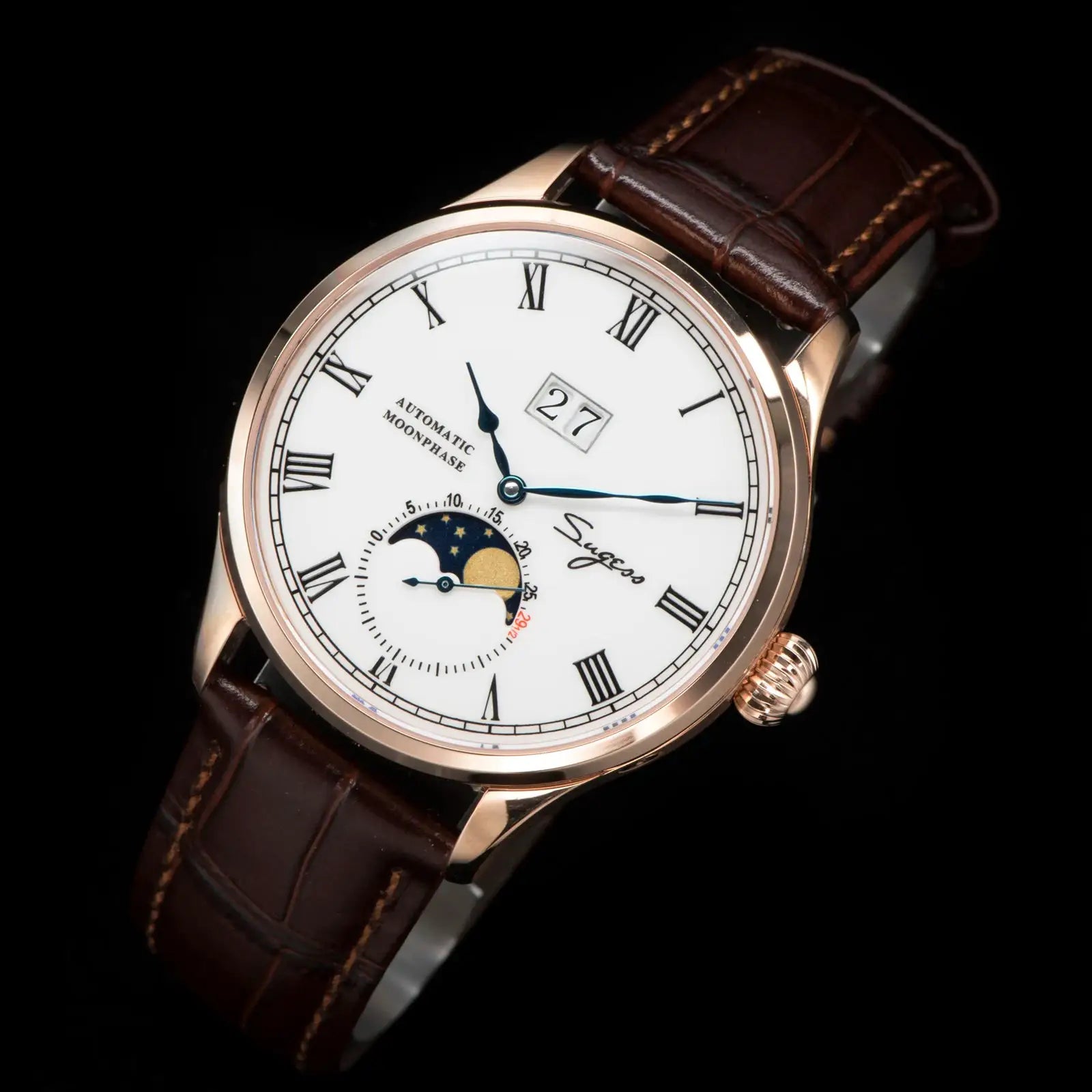 Sugess Tianjin ST25 automatic moonphase wristwatch with rose-gold case, white dial, Roman numerals