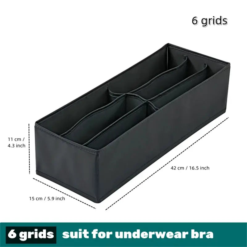 Black 6-grid underwear and sock organizer box with internal dividers for bras, lingerie, socks and leggings