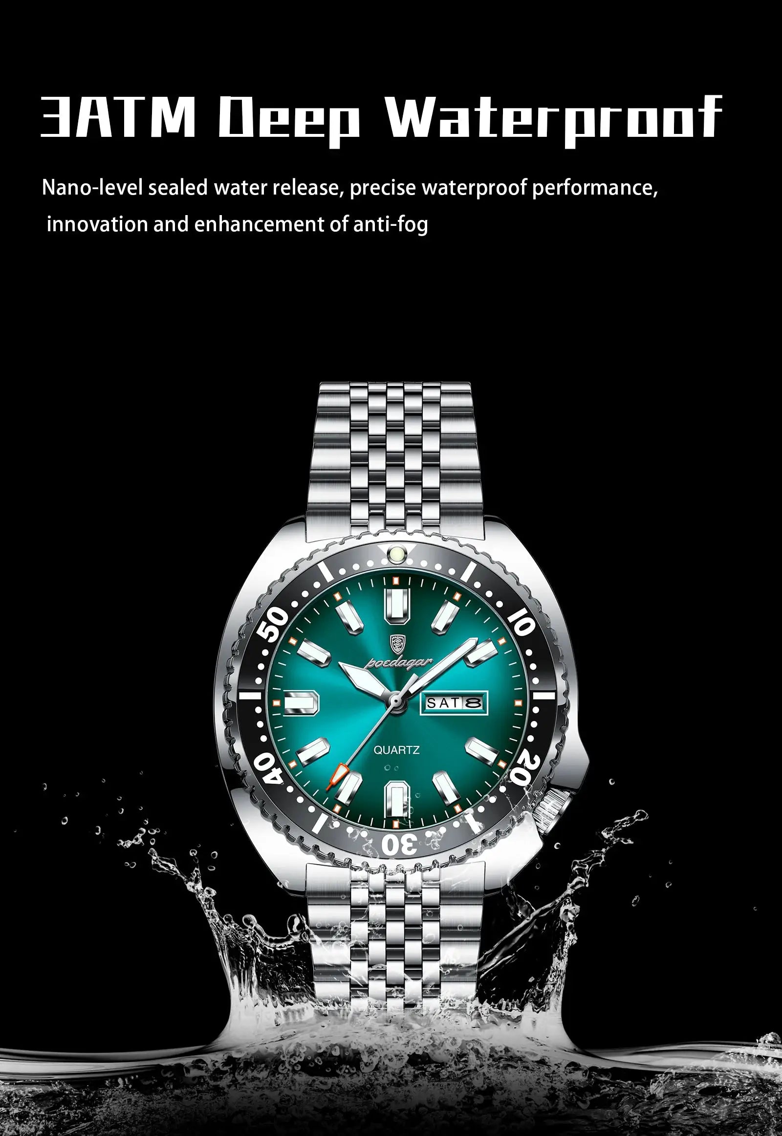 POEDAGAR stainless steel men’s watch with teal dial, date window, waterproof
