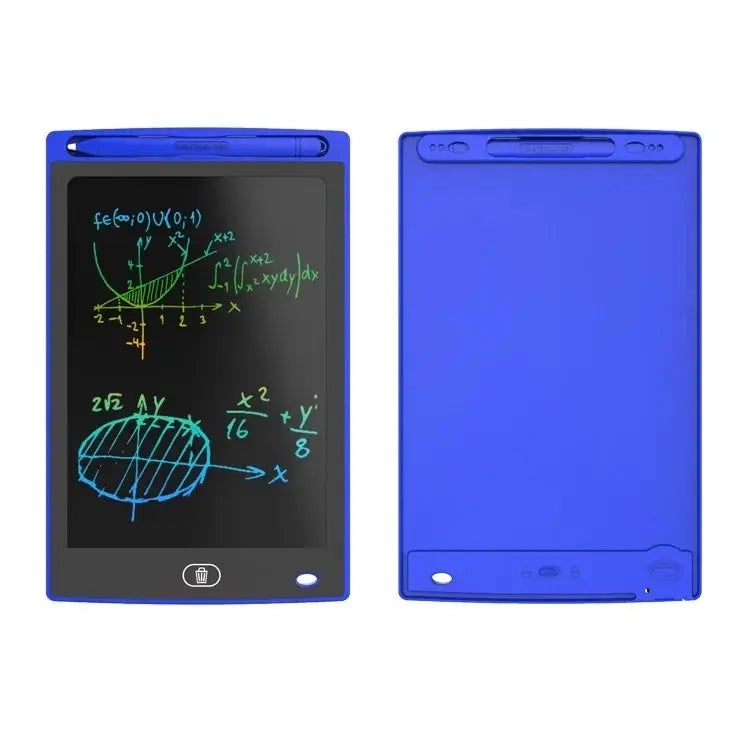 Simples Market blue LCD drawing tablet with stylus; front and back views