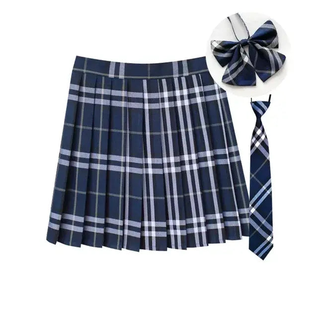 Skirt set in navy plaid, pleated with necktie and bow, 3-piece JK school uniform style