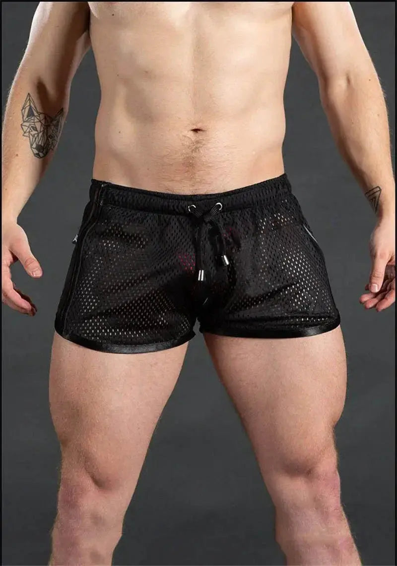 Men's black grid-mesh gym shorts with drawstring, breathable quick-dry fabric