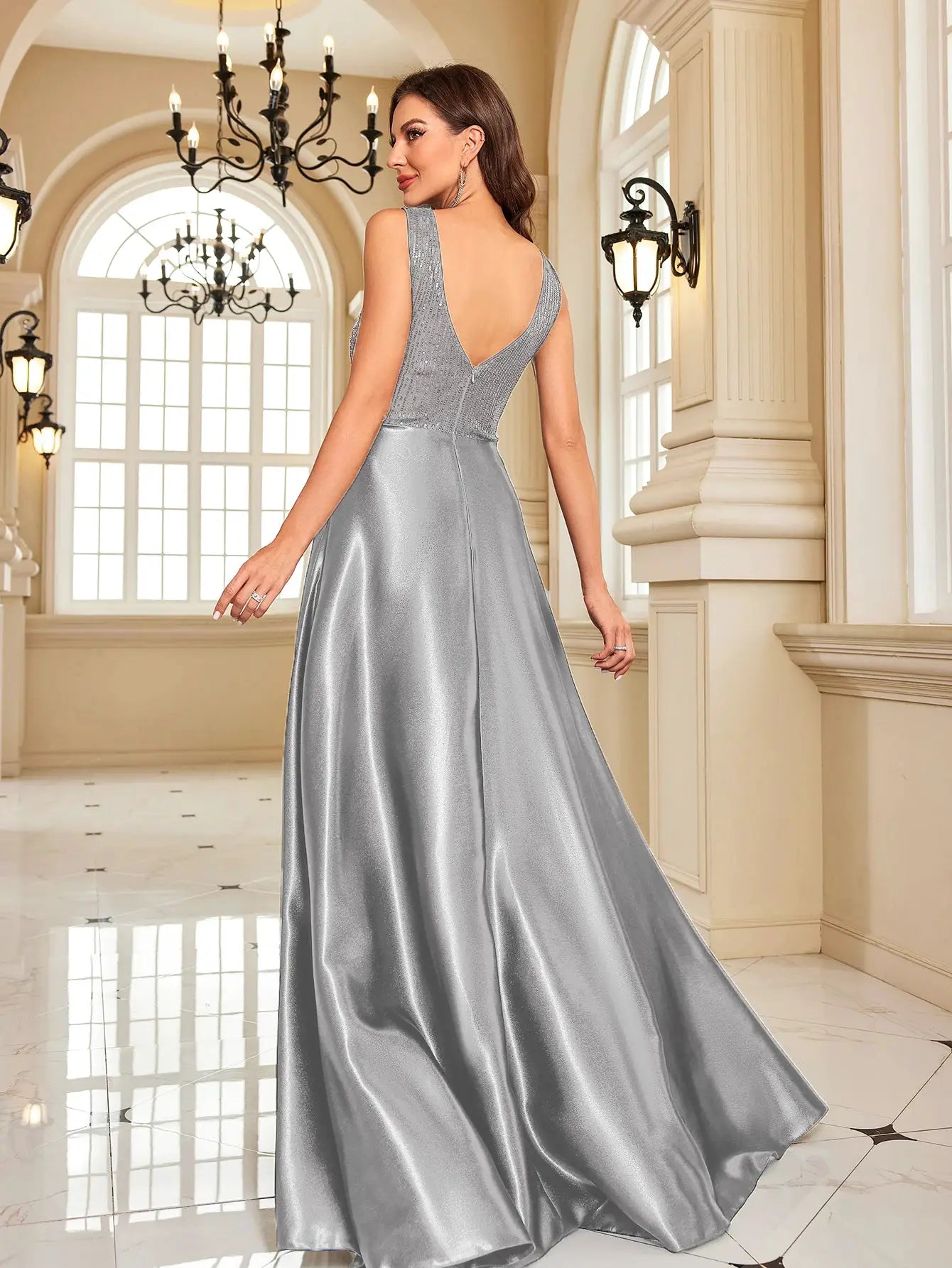 Emerald Green Sequin Evening Dress V Neck Satin Prom Floor Length
