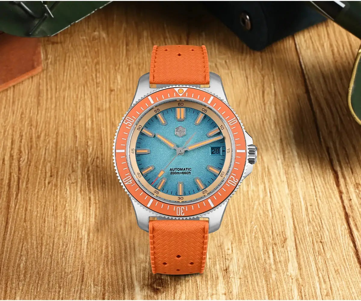 San Martin 40mm dive watch with blue dial, orange bezel and orange strap
