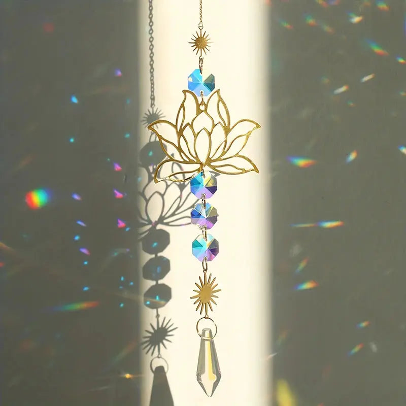 Metal Lotus Suncatcher Charm with Artificial Crystals Handmade Wind Chime Pendant for Home Garden Decoration