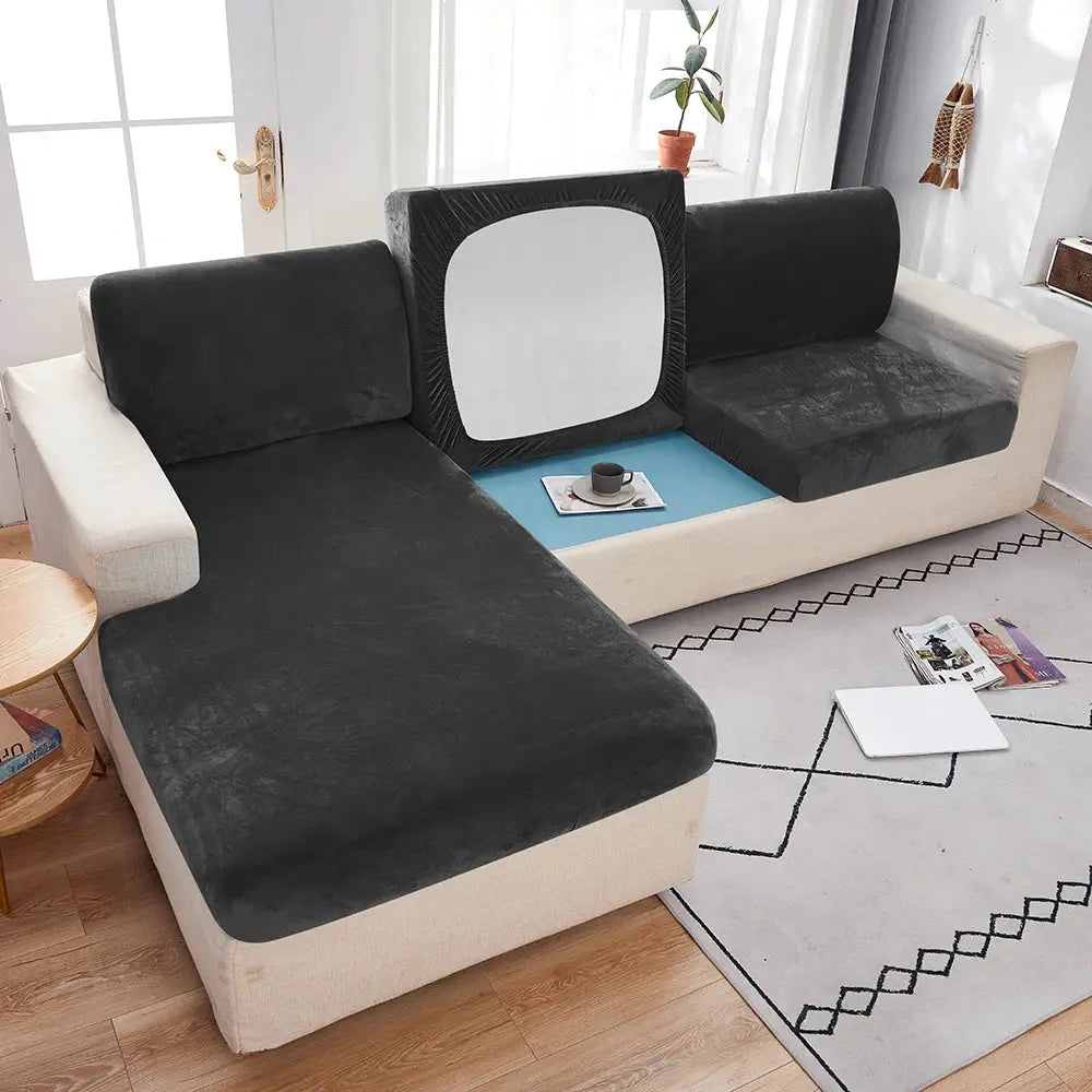 1pc plush sofa slipcover in charcoal black with beige base, anti-slip elastic edges for living room sofas