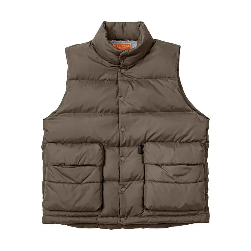 Maden men's down-filled brown vest with stand-up collar and two large front pockets