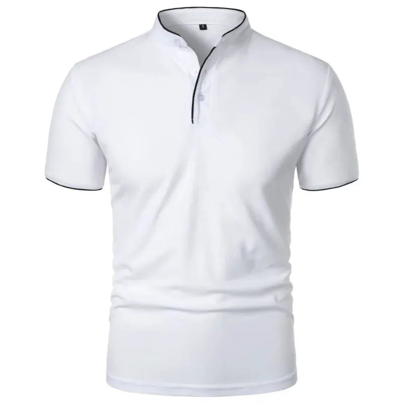 Men's white polo shirt with black trim on collar and sleeves, breathable casual top by Simples Market