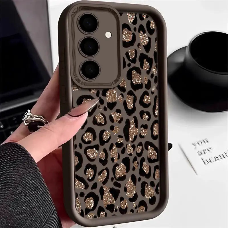 Phone case brown leopard print with glitter accents TPU, black bumper for Samsung Galaxy phones