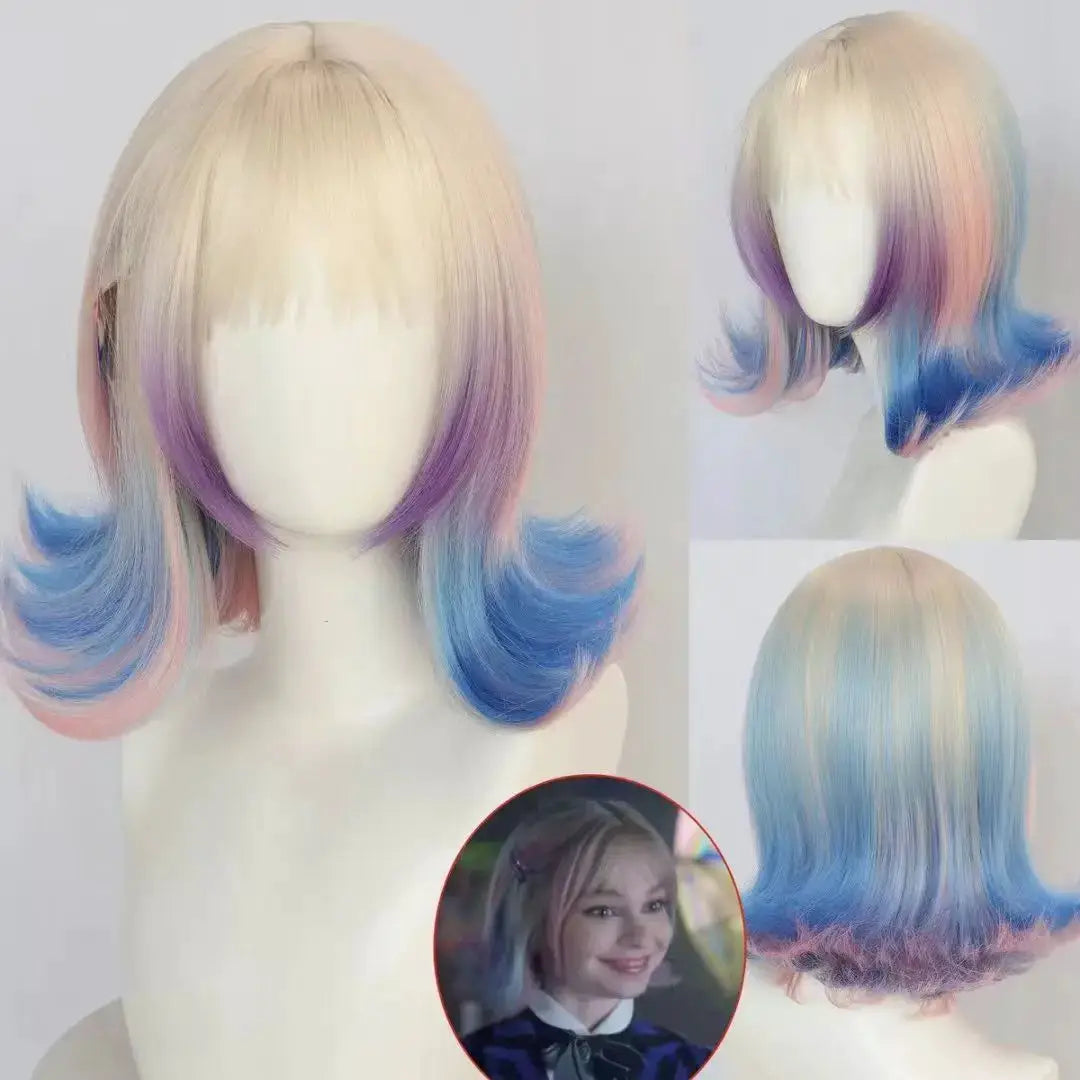 Enid Sinclair Addams Family cosplay wig, pastel gradient blonde to pink purple blue, bob with curled ends