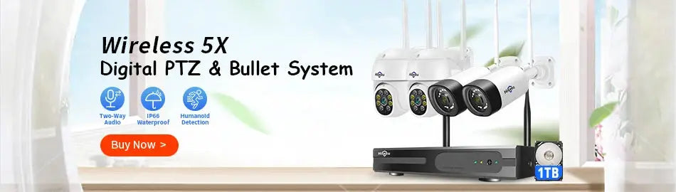 Hiseeu wireless IP camera kit with four white bullet cameras and 1TB NVR