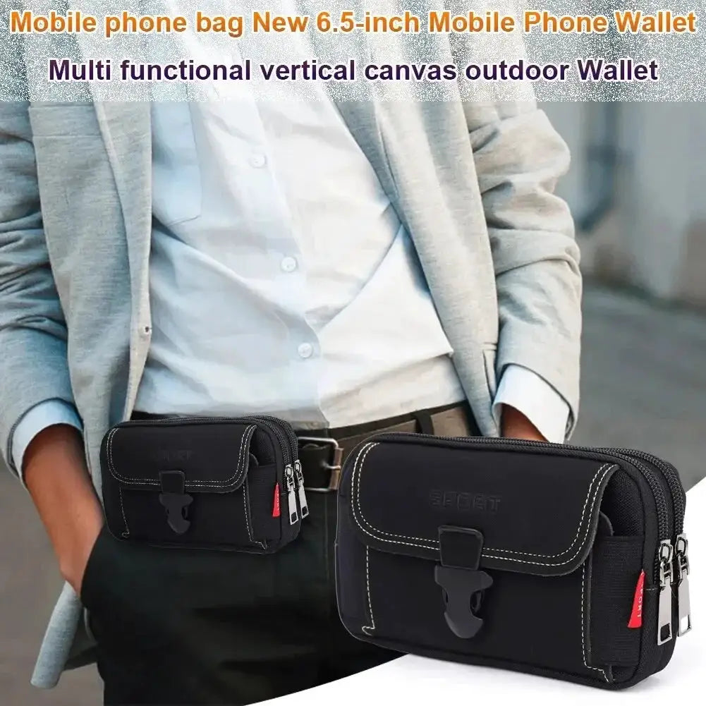 Unisex belt pouches for phones by Simples Market; two black nylon waist bags with zipper closures