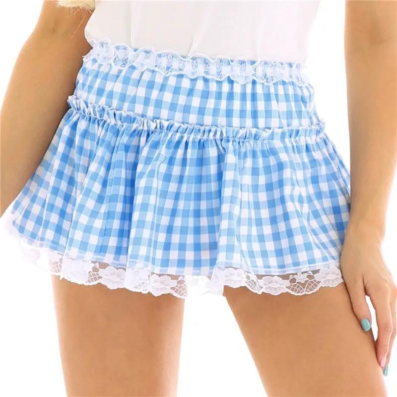 Women’s blue gingham lace mini skirt with a ruffled waistband and lace-trimmed hem.