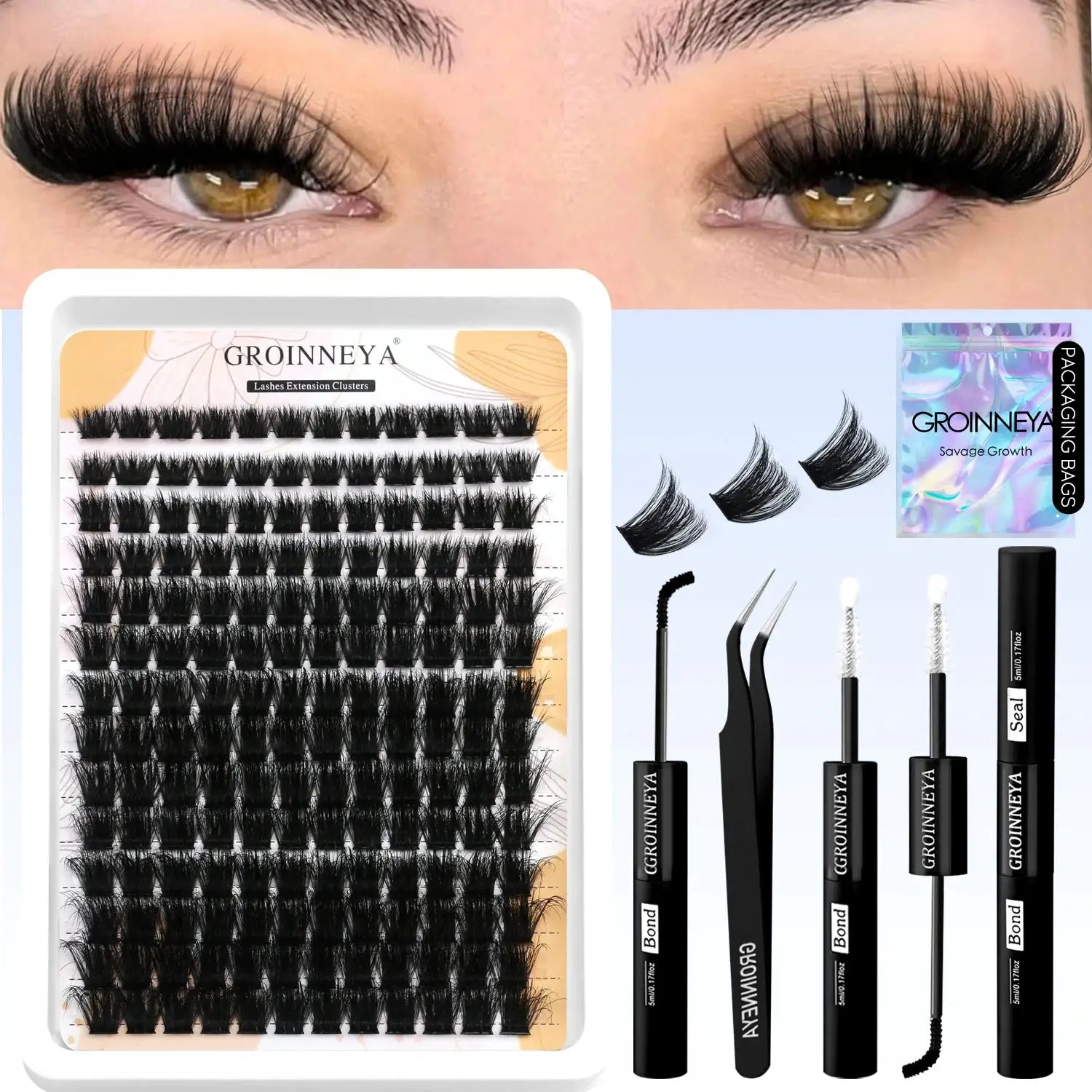 GROINNEYA Lash Clusters Kit Waterproof Strong Hold DIY Lash Extension Kit Bond And Seal Eyelash Tweezers Makeup