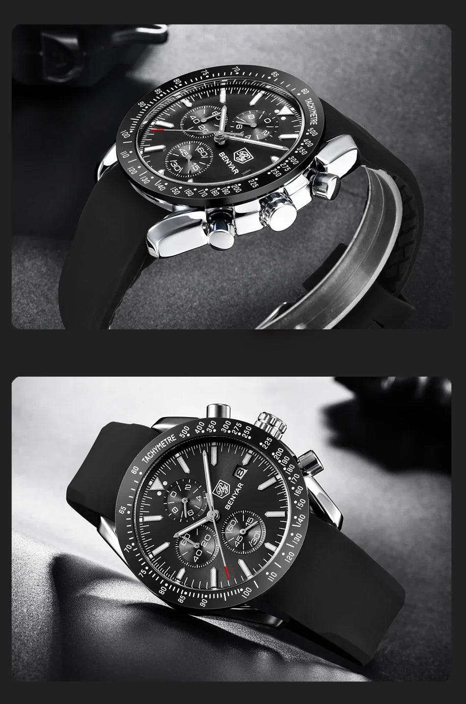 BENYAR men's chronograph quartz watch with black dial, tachymeter bezel, stainless steel case, and black rubber strap