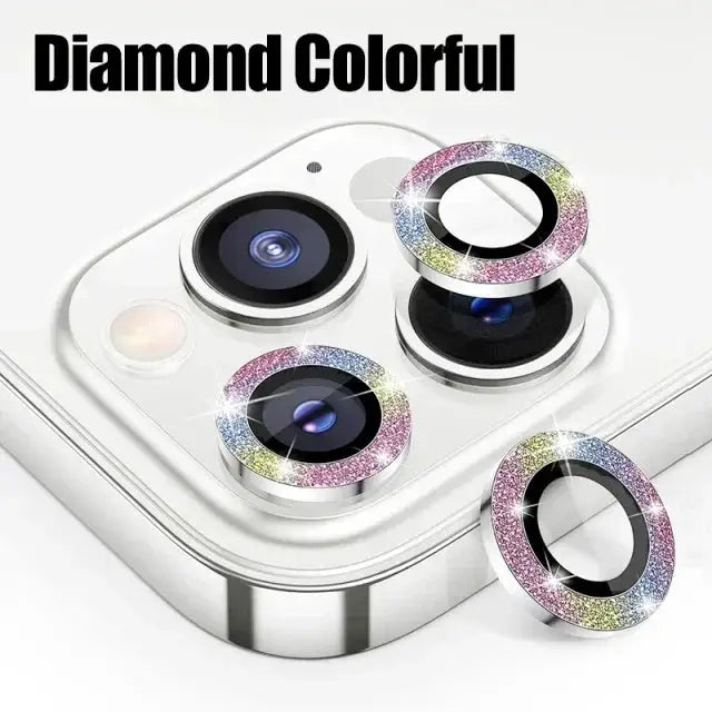 Simples Market 3-pack metal camera lens protectors with colorful diamond ring accents for iPhone back cameras
