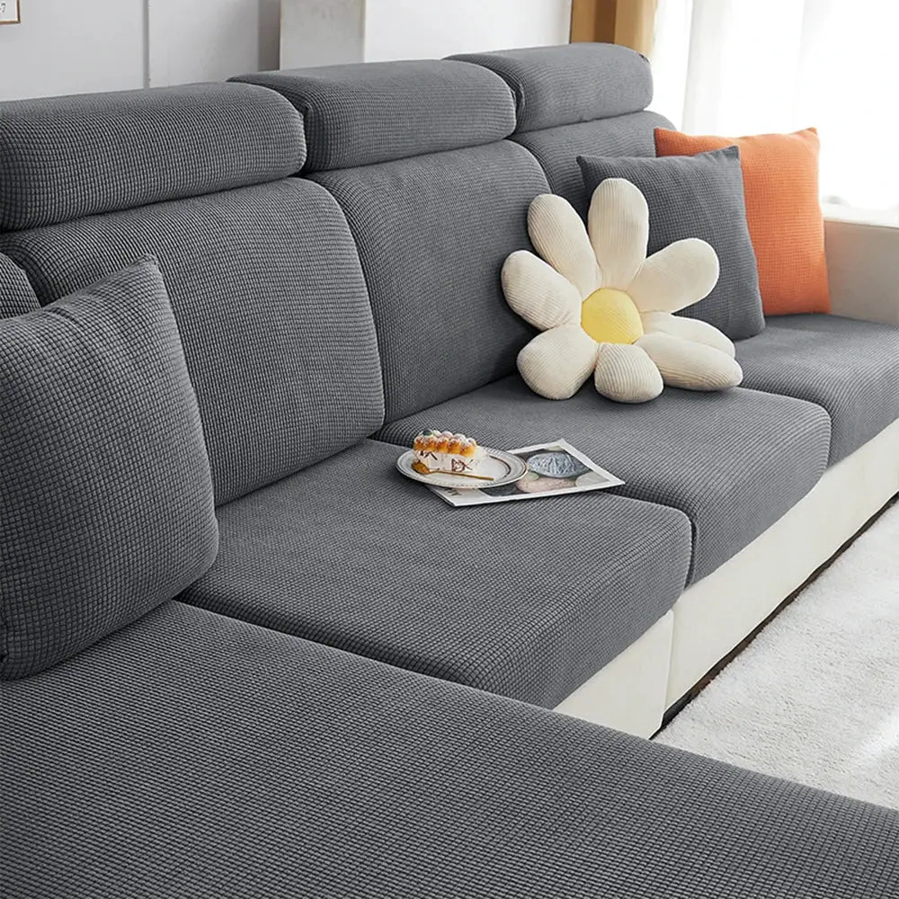 Jacquard sofa cover in gray polar fleece; stretchy, removable couch protector for chaise lounge