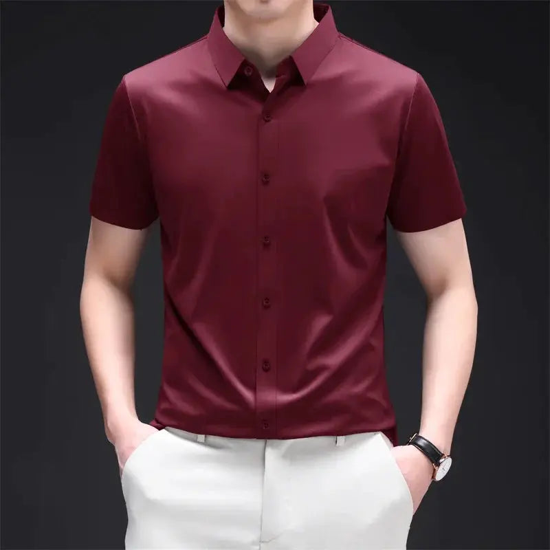 Mens Business Casual Short Sleeved Solid Color Shirt Wrinkle Resistant Wrinkle Free Comfortable All Season Versatile Top