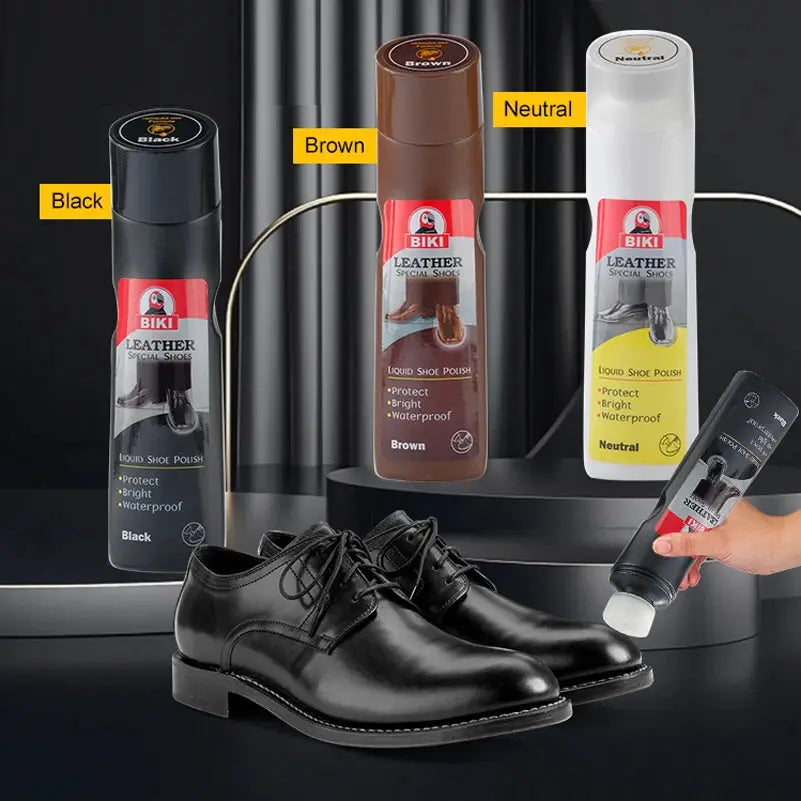 BIKI leather shoe polish trio in black, brown, neutral for leather dress shoes.