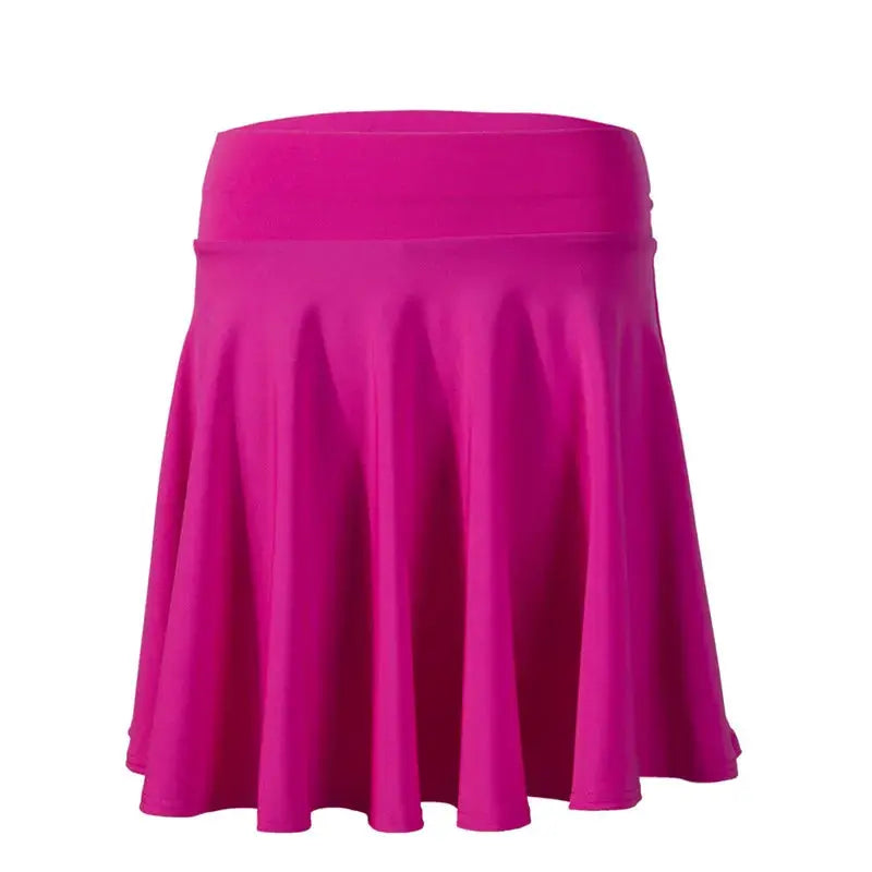 Pink flared skater skirt with a wide elastic waistband, featuring a flowing pleated silhouette for versatile looks.
