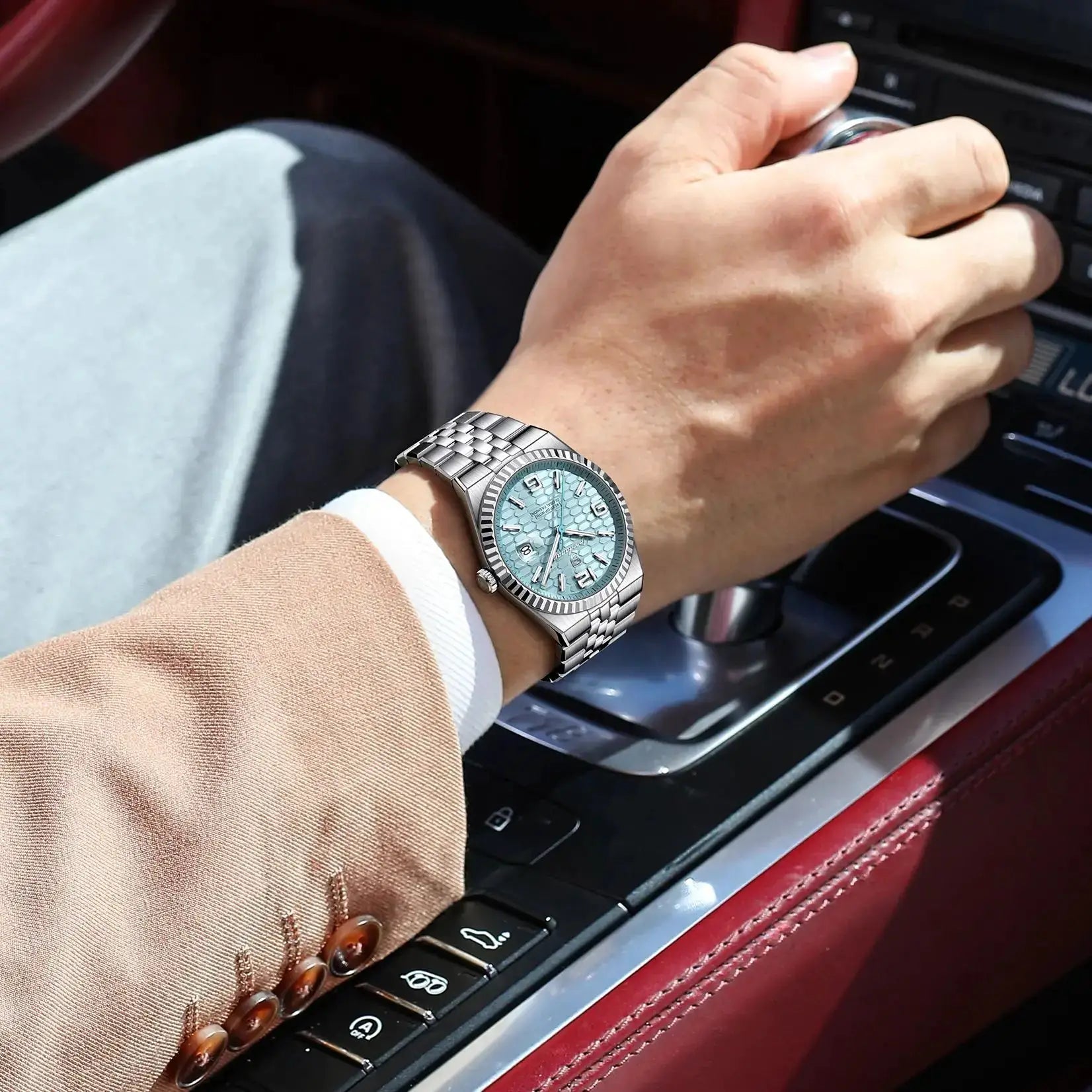POEDAGAR men's stainless steel watch with blue dial, luminous markers and date window