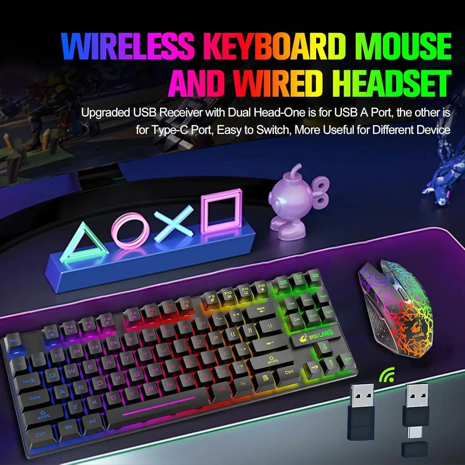 T87 wireless keyboard, mouse, and mouse pad; rainbow RGB backlit keys, 2.4G USB receiver, 2400 DPI.