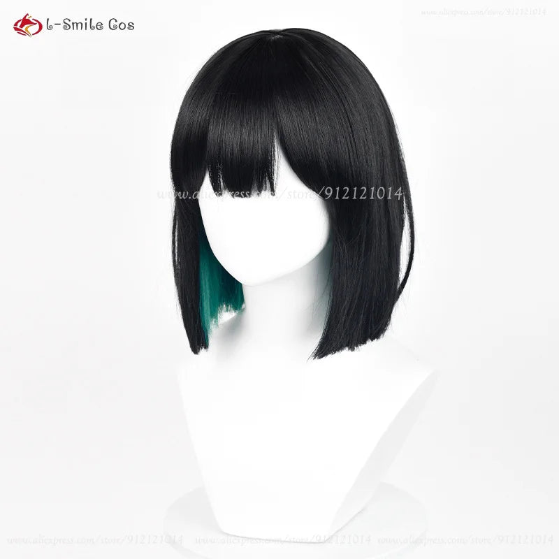 Anime Sua Cosplay Wig 30cm, black with green underlayer, heat-resistant synthetic hair by Simples Market