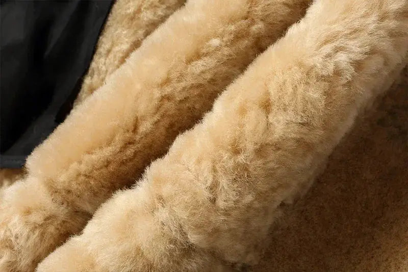 Men's thick shearling fur jacket in tan, original ecological fur