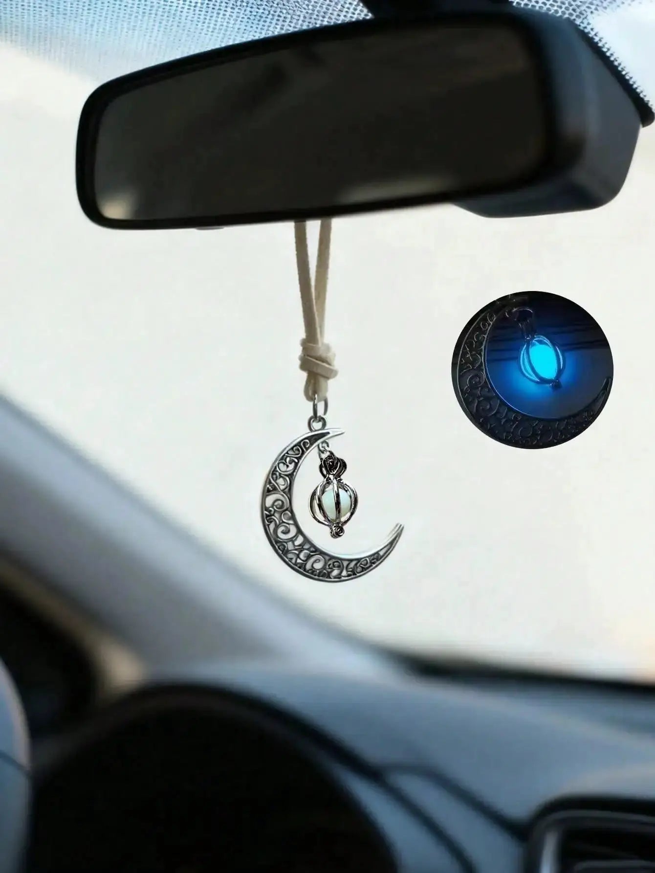 Simples Market silver-tone luminous moon pendant car charm with hollow crescent and glowing stone, mirror decor