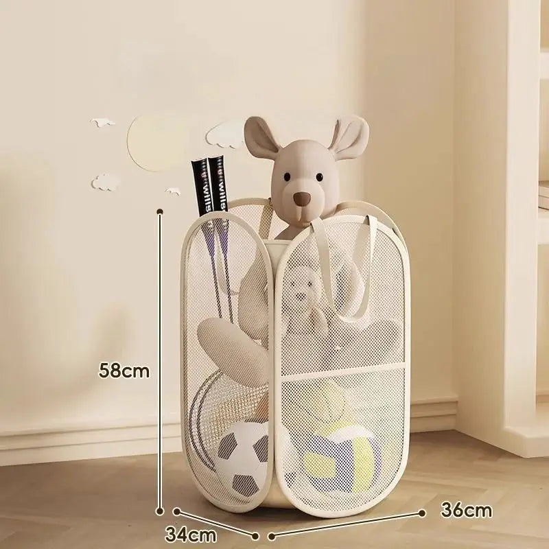 Portable white mesh toy organizer with two compartments, designed for plush toys and laundry.