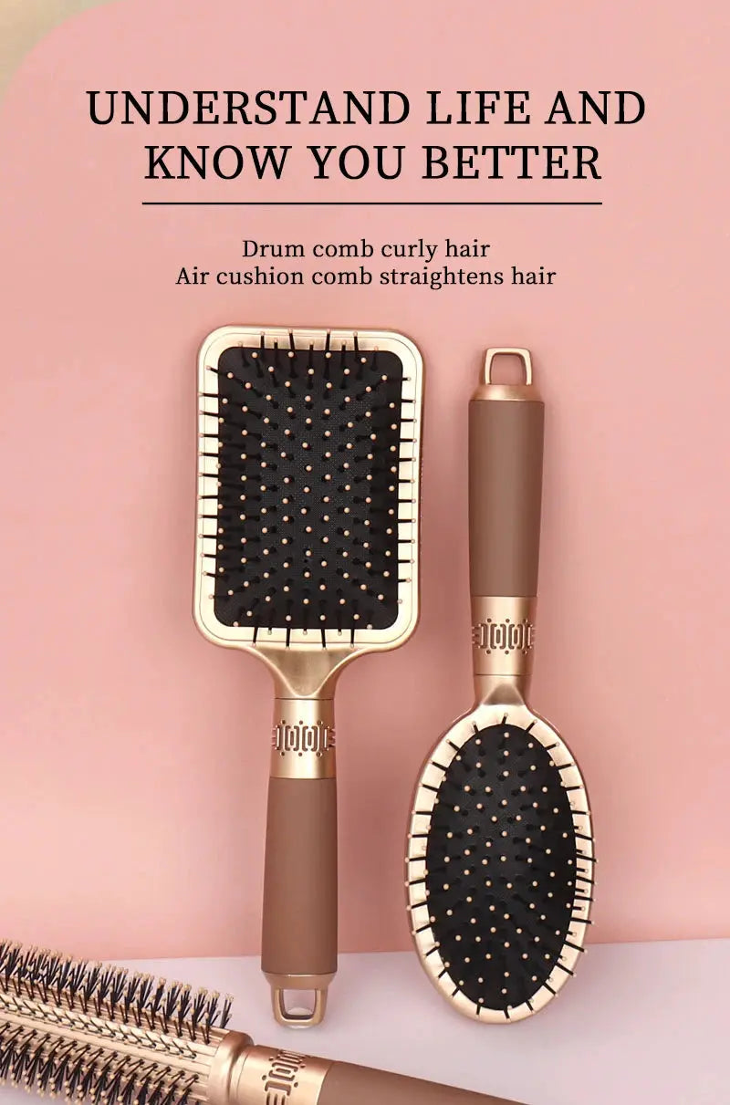 Hairbrush set in rose gold with brown handles; includes paddle and round detangling brushes