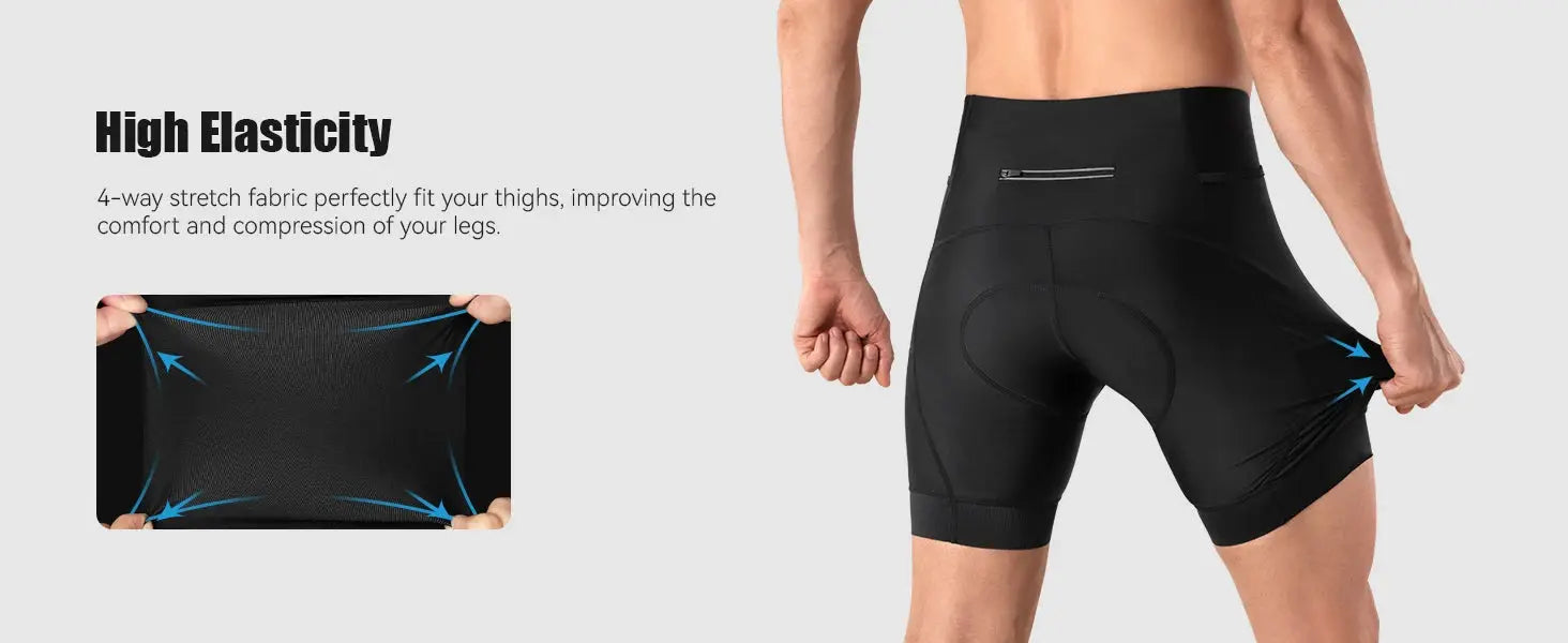 Men's black cycling shorts with high-elasticity stretch fabric and back zip pocket