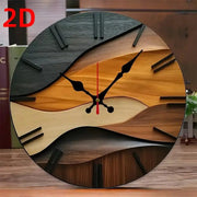 Round fiberboard wall clock with layered wood-tone panels; black hour/minute hands and red second hand.