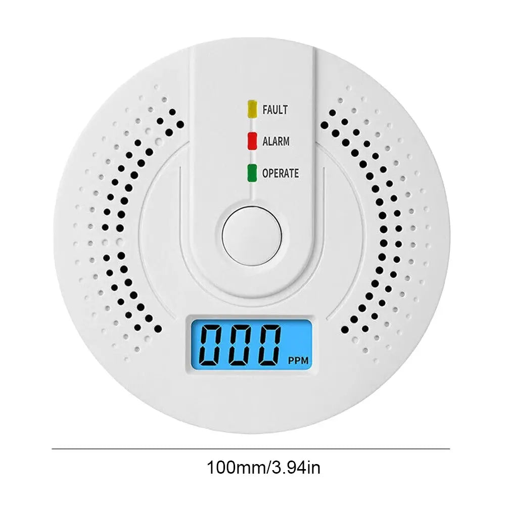 Carbon monoxide detector by Simples Market, white circular battery-powered device with blue digital display.