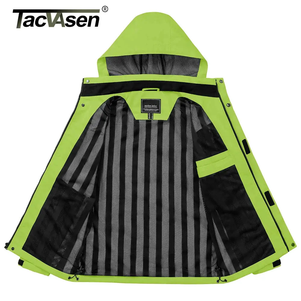 TacVasen men's hooded lightweight waterproof rain jacket, lime green with striped mesh lining