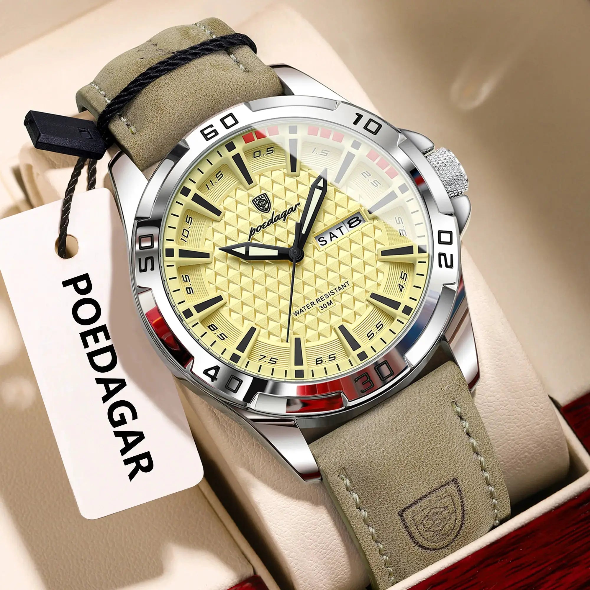 POEDAGAR Original Mens Luxury Waterproof Quartz Watch With Leather Strap Luminous Hands Date And Week Display