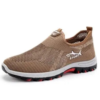 Men's tan mesh sneakers with breathable upper and red/black outsole
