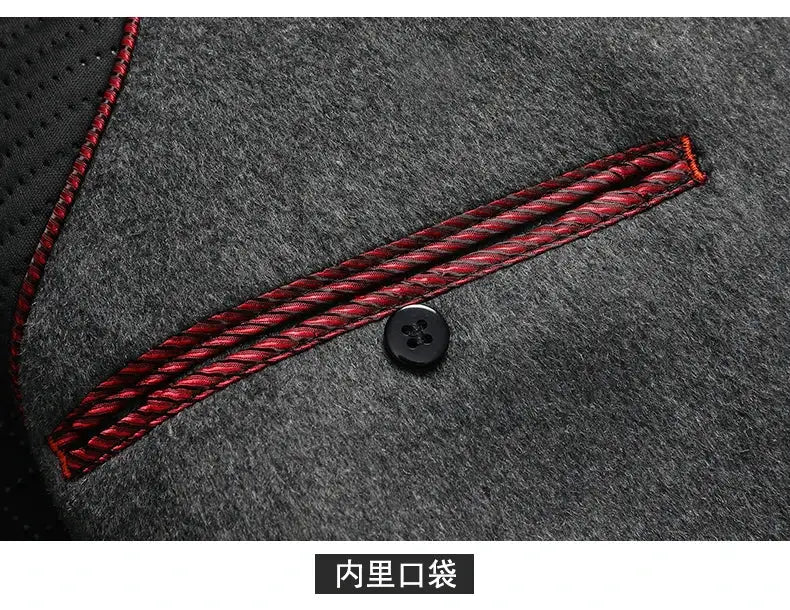 Men's gray wool trench coat with red piping, black button, inner pocket detail