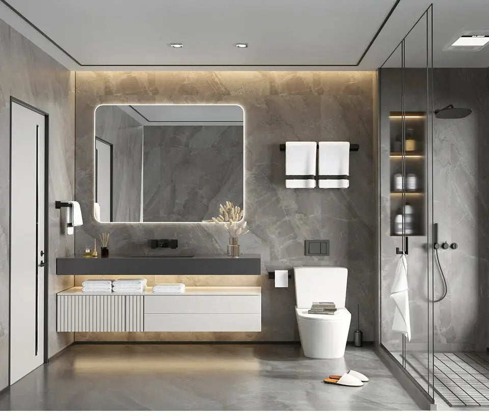 Black bathroom hardware set by Simples Market; 4-piece self-sticking robe hook, towel rail, towel bar, and paper holder