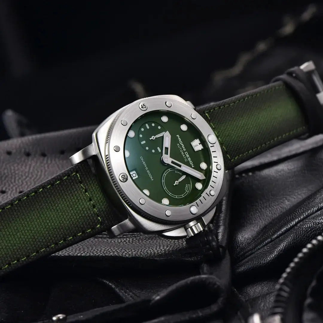 PAGANI Design men's automatic watch with green dial, stainless steel bezel, green fabric strap.