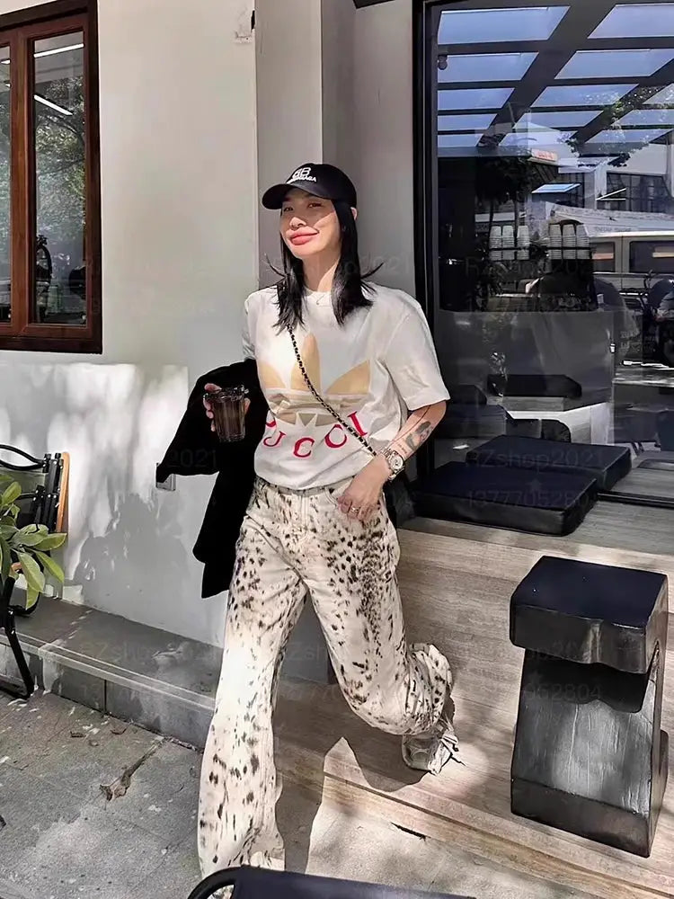 Baggy Wide Leg Jeans Women High Waisted Leopard Print Y2K Denim