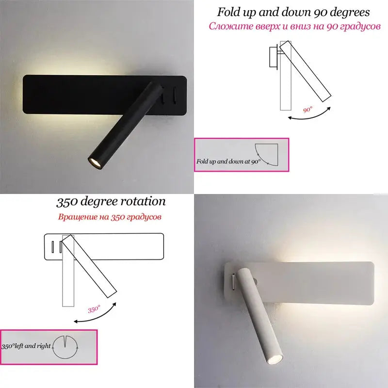 LED wall reading lamp sconce with 350° rotation and 90° fold; black and white minimalist bedside lighting, 3W