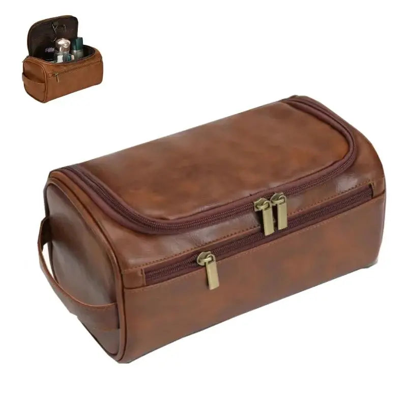 BrandX Leather Toiletry Bag Dopp Kit For Men And Women Hanging Travel Organizer Water Resistant PU Leather