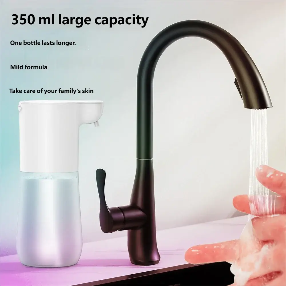 HOMEFISH smart sensor soap dispenser, white, 350ml capacity, shown with a black modern faucet (2 items)