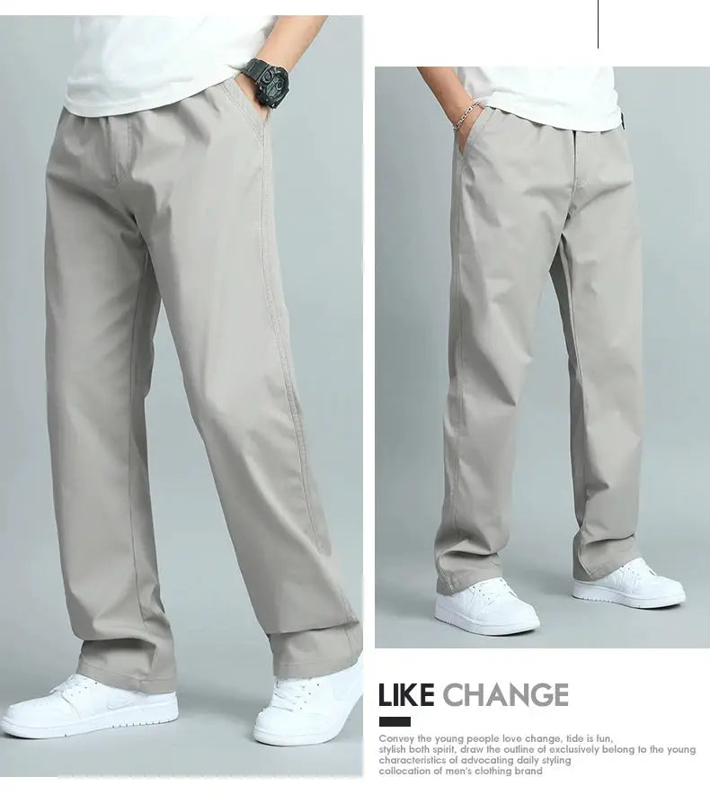 Big size men's casual cotton trousers, beige loose-fit straight pants with multiple pockets.