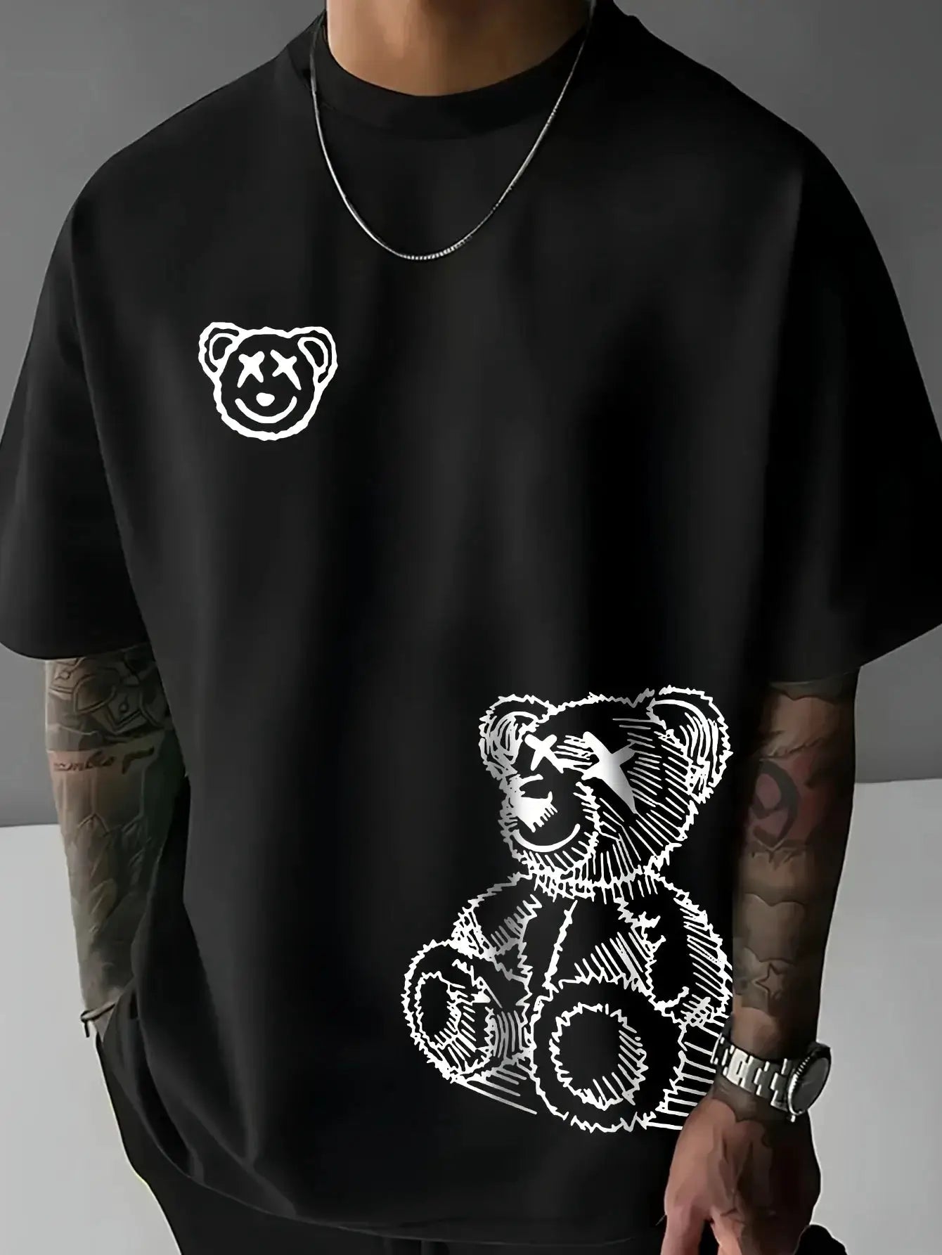 Summer Men's 100 Percent Pure Cotton Casual T Shirt With Cartoon Bear Pattern Round Neck Short Sleeve