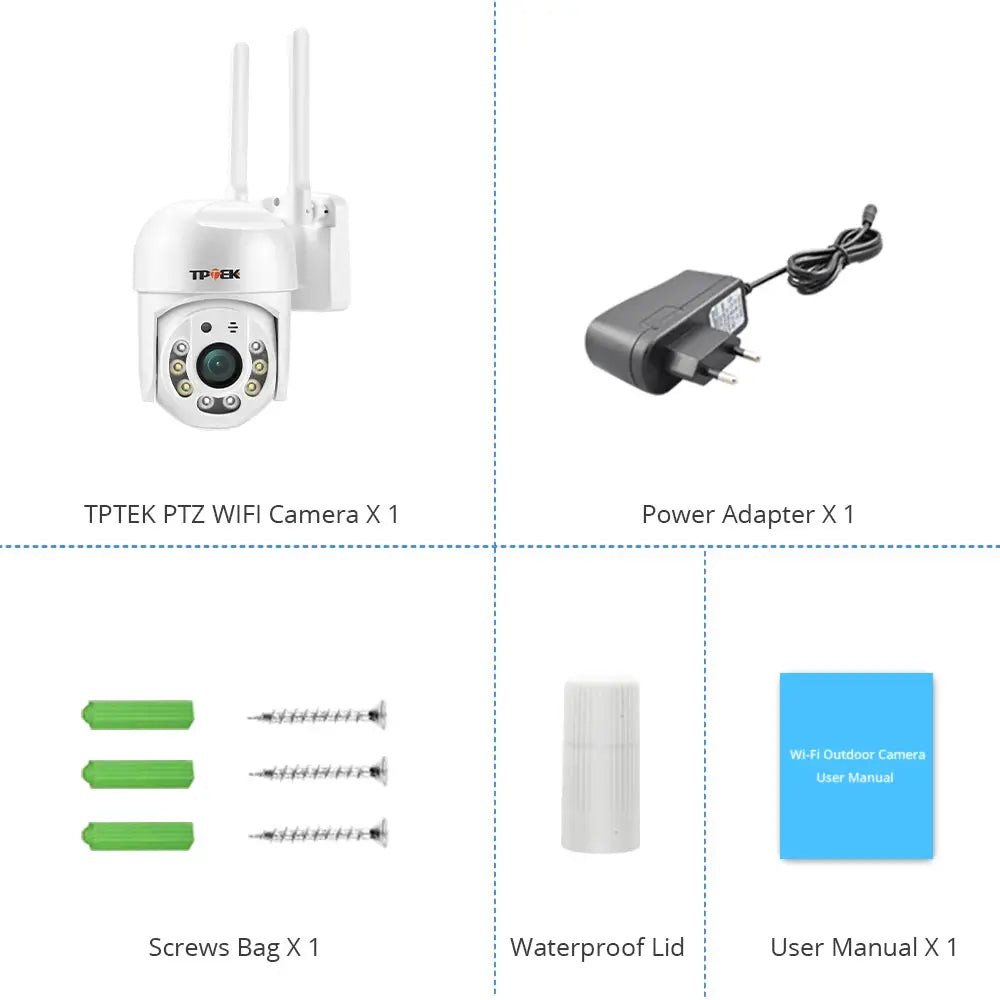 TPTEK PTZ WIFI Camera X1 white with dual antennas; includes power adapter, screws bag, waterproof lid, and user manual