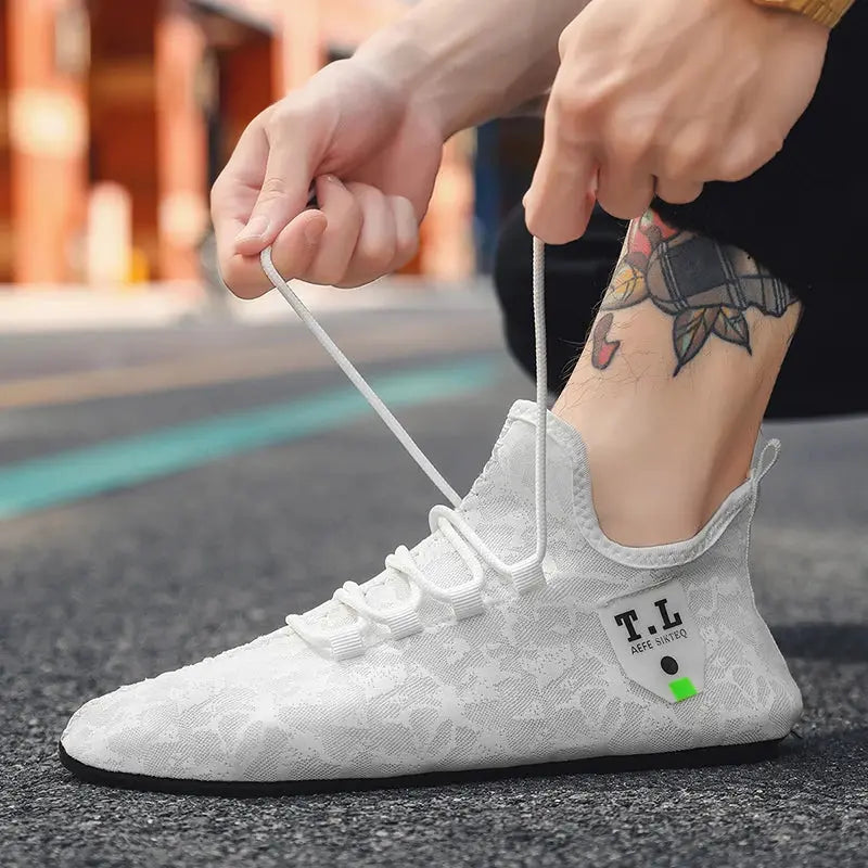 White mesh men's driving moccasin loafers; lace-up design, breathable casual shoes with non-slip sole