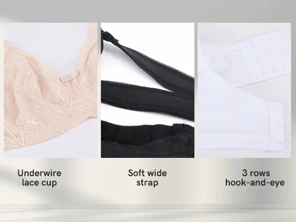 Sheroine plus-size lace underwire bra by Simples Market in beige/black/white; soft wide straps, 3-row hook-and-eye.