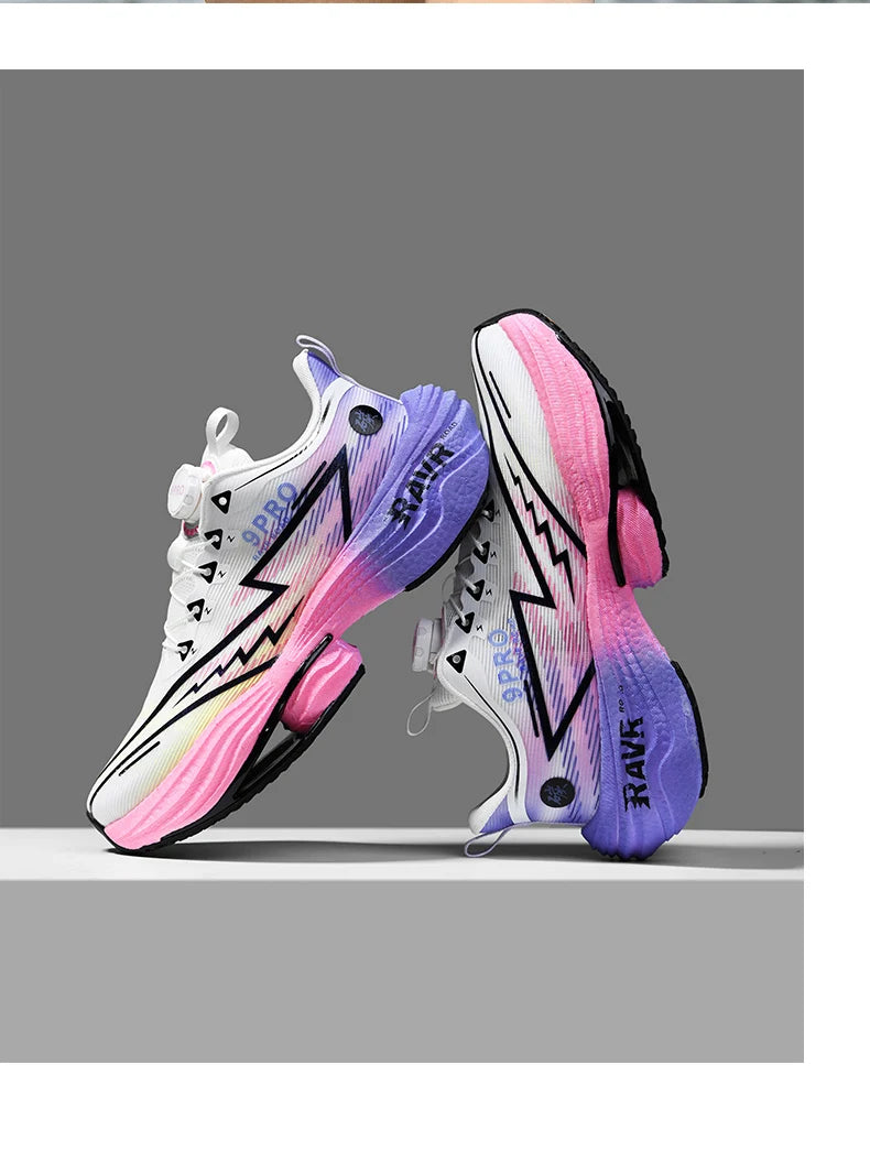 Men's running shoes in pink-to-purple gradient with white accents; cushioned sole and chunky outsole, pair
